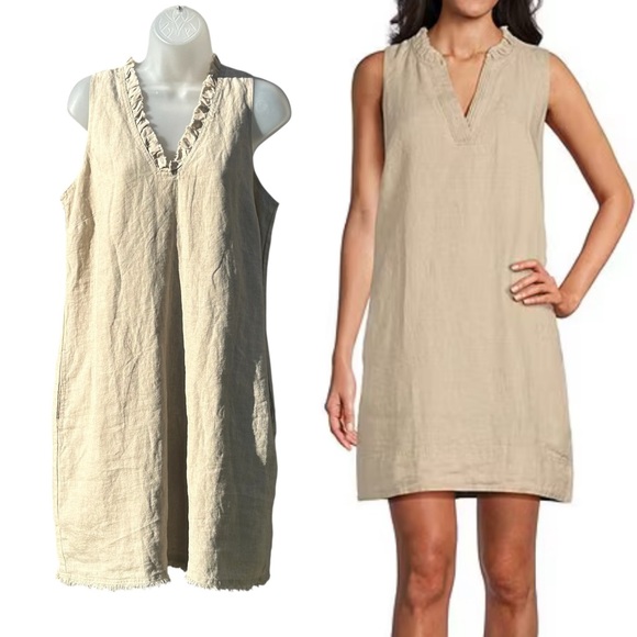 Tommy Bahama Dresses & Skirts - TOMMY BAHAMA Women Sz M Natural Two Palms Double Ruffle Linen Sleeveless Dress.